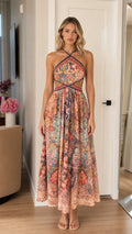 Front view of the boho halter neck cutout print maxi dress in multi