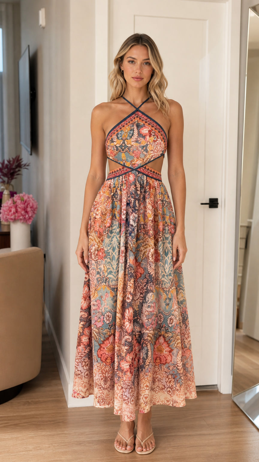 Front view of the boho halter neck cutout print maxi dress in multi