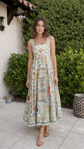 Model wearing sage vintage print square neck midi dress