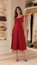 Front view of red square neck sleeveless button front midi dress
