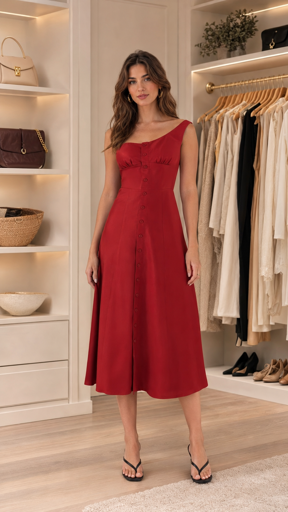 Front view of red square neck sleeveless button front midi dress