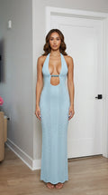 Front view of model wearing light blue halter neck cutout maxi dress