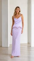Elegance Beaded Cami Peplum Maxi Dress in Lavender front view