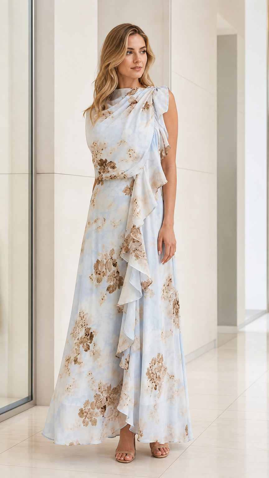 Front view of model wearing Light Blue floral ruffled maxi dress