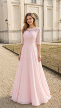 Front full view of pink lace evening dress