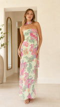 Front view of mint green floral strapless maxi dress with matching scarf