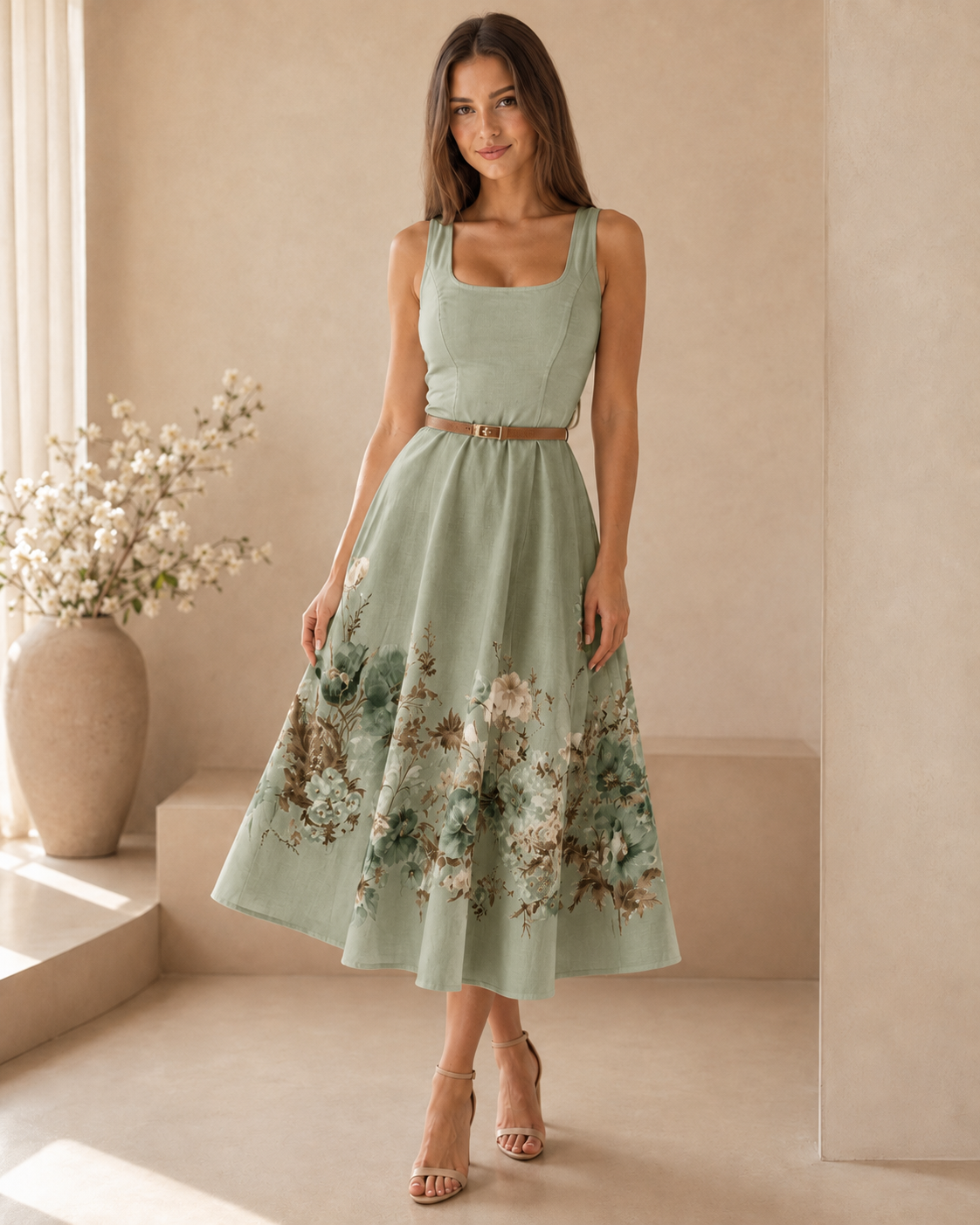 Model wearing a sage green sleeveless floral midi dress with square neckline and slim belt
