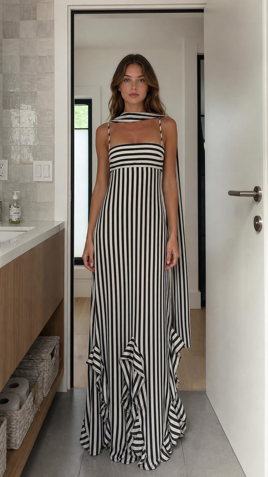 Front view of model wearing black and white striped maxi dress with scarf