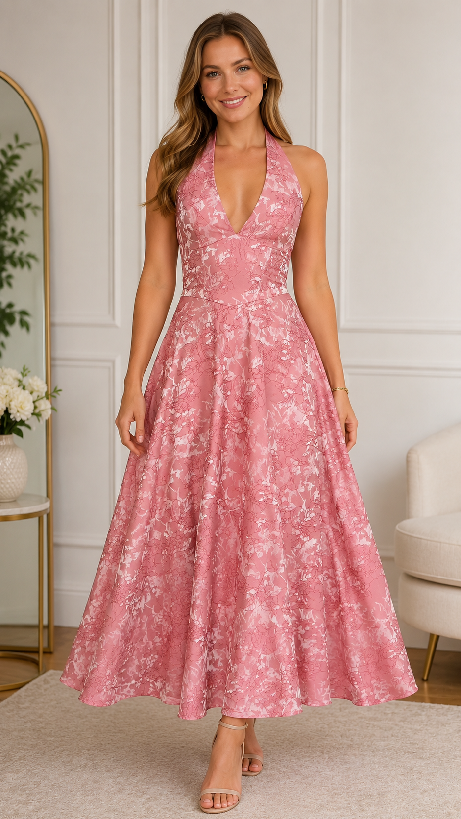 Front view of blush pink halter backless floral jacquard midi dress with full skirt
