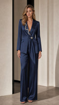 Navy satin crystal embellished blazer and wide-leg pants set front view