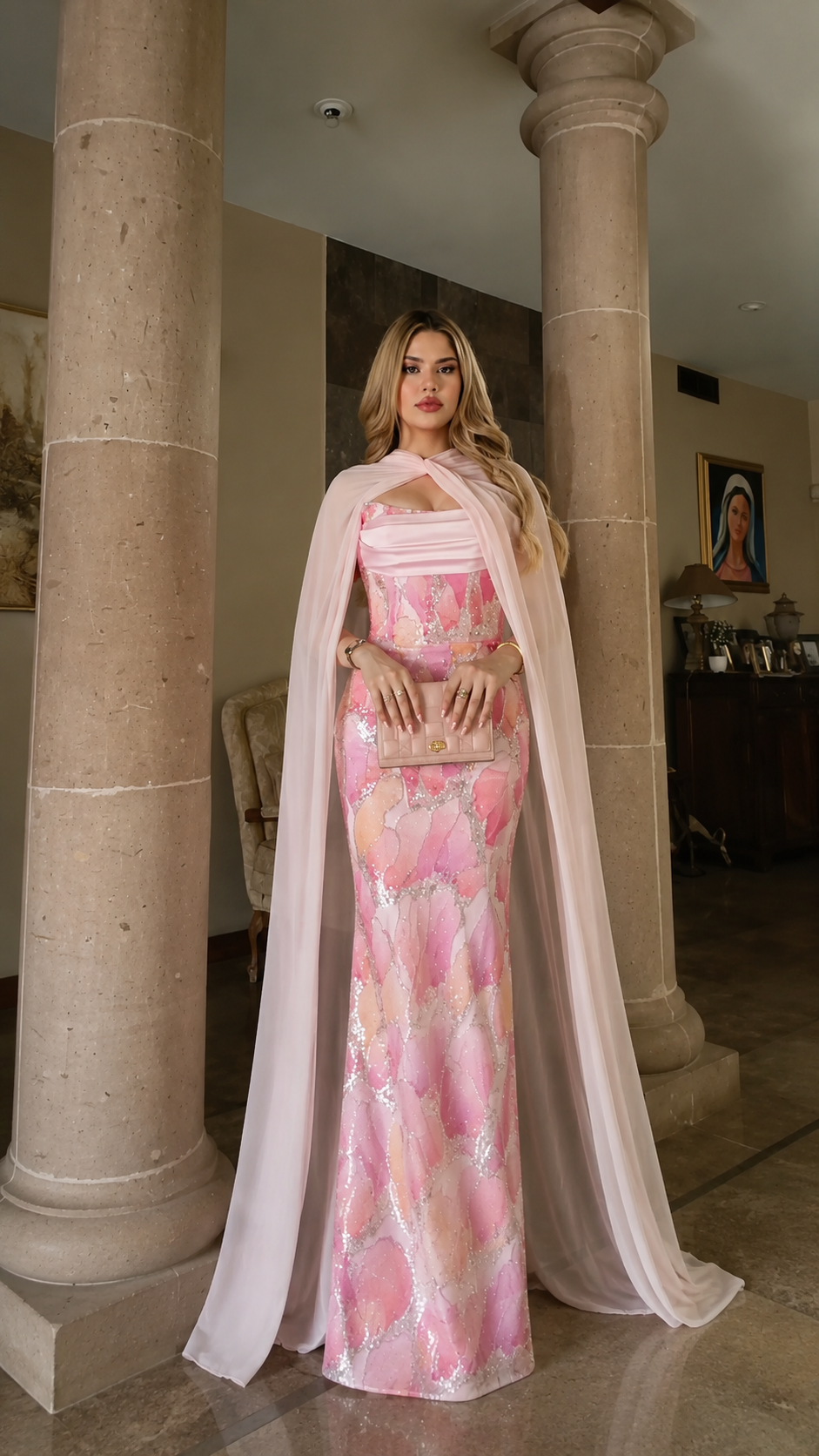 Blush pink sequined mermaid evening gown with long chiffon cape front view