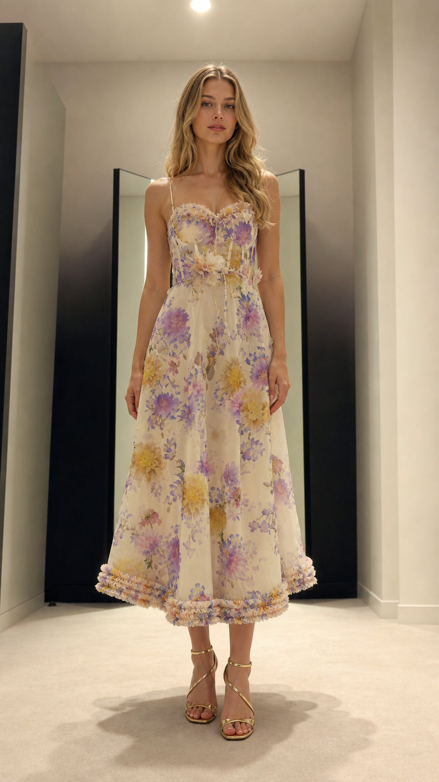 Full front view of model wearing white floral corset midi dress