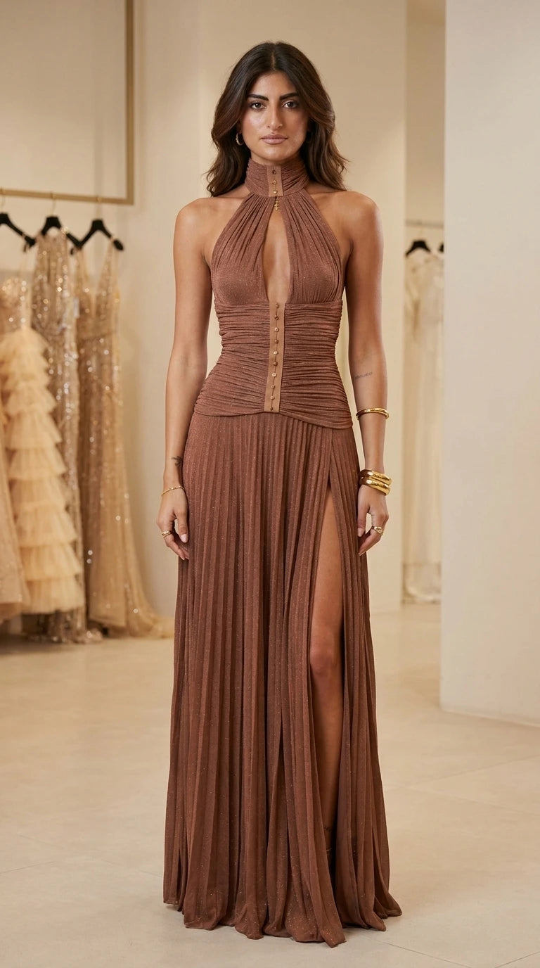 Front view of brown halter pleated maxi evening dress