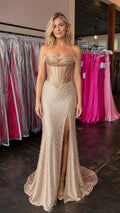 Full front view of champagne beaded mermaid evening gown with slit