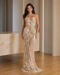 Champagne strapless sequin embroidered mermaid evening gown front view
