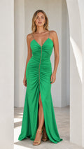 Green Ruched Rhinestone Strap Maxi Dress Front View