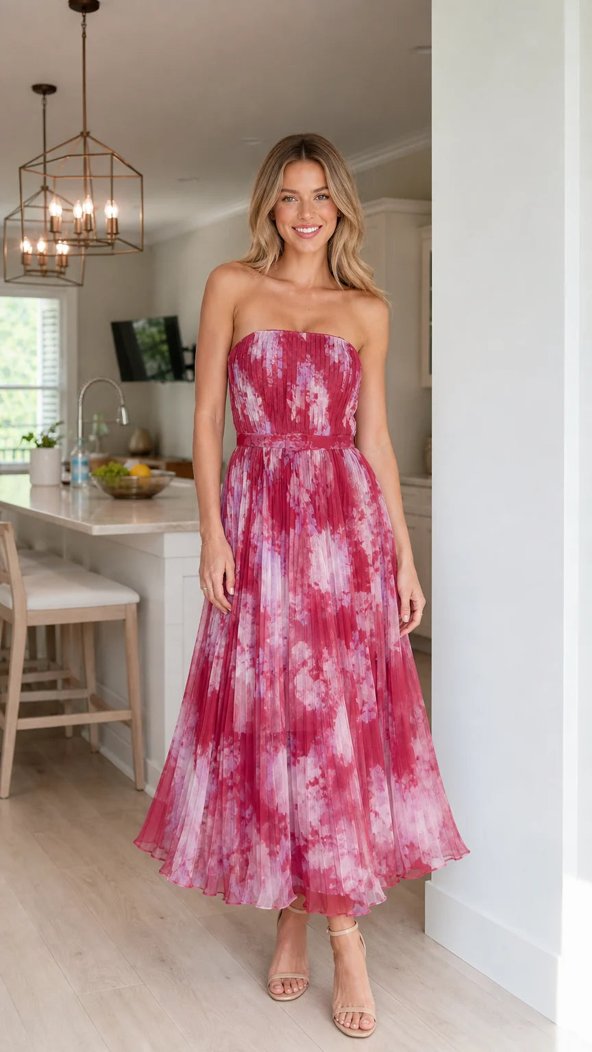 Front view of woman wearing fuchsia strapless pleated floral midi dress