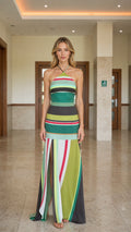 Front view of green striped halter maxi dress