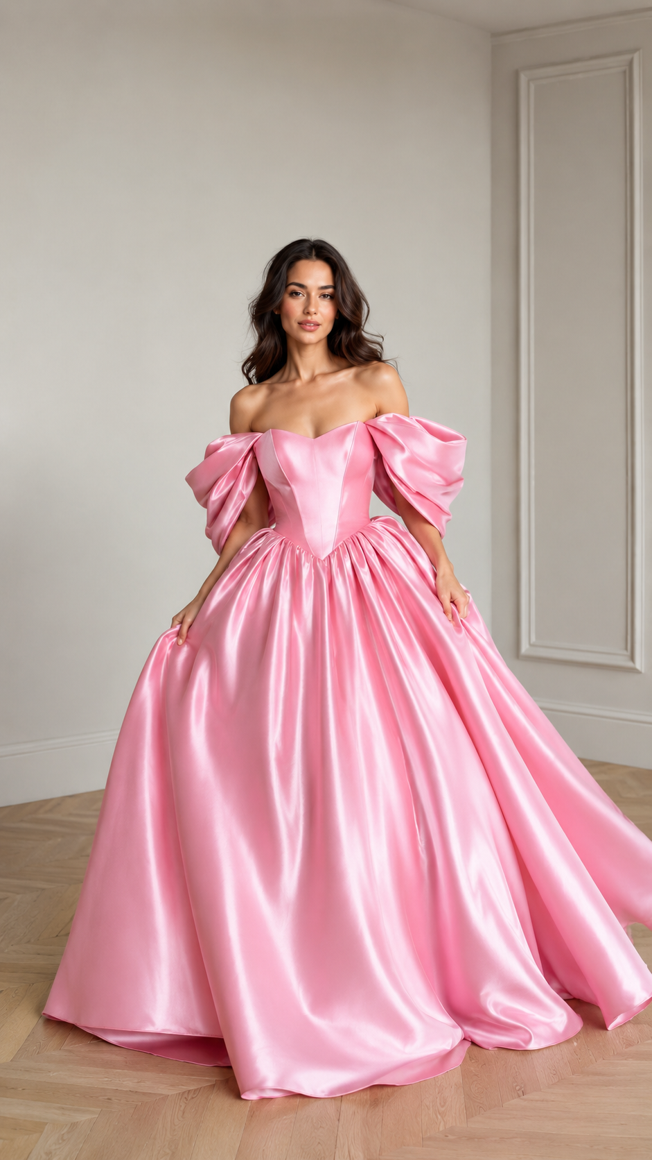 Front view of pink off-shoulder puff sleeve satin-look ball gown with full skirt