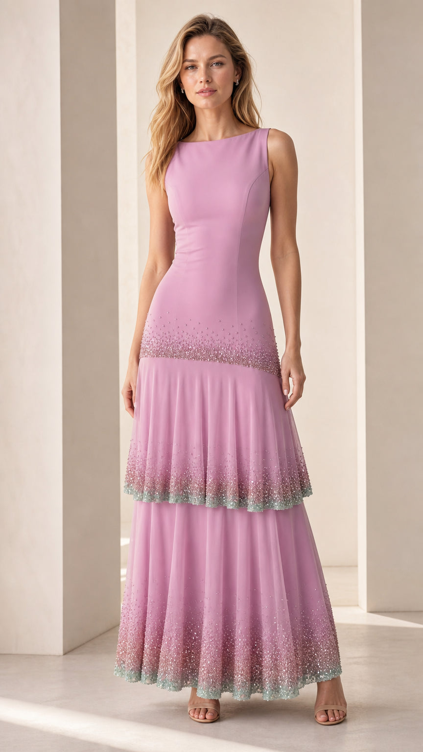 Full-length view of model wearing the lavender sequin-trimmed tiered maxi dress