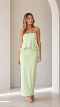 Model wearing sage green sleeveless ruffle trim maxi camisole dress from the front