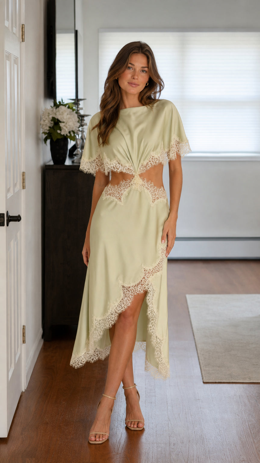 Front view of model wearing sage satin lace-trim cutout midi dress