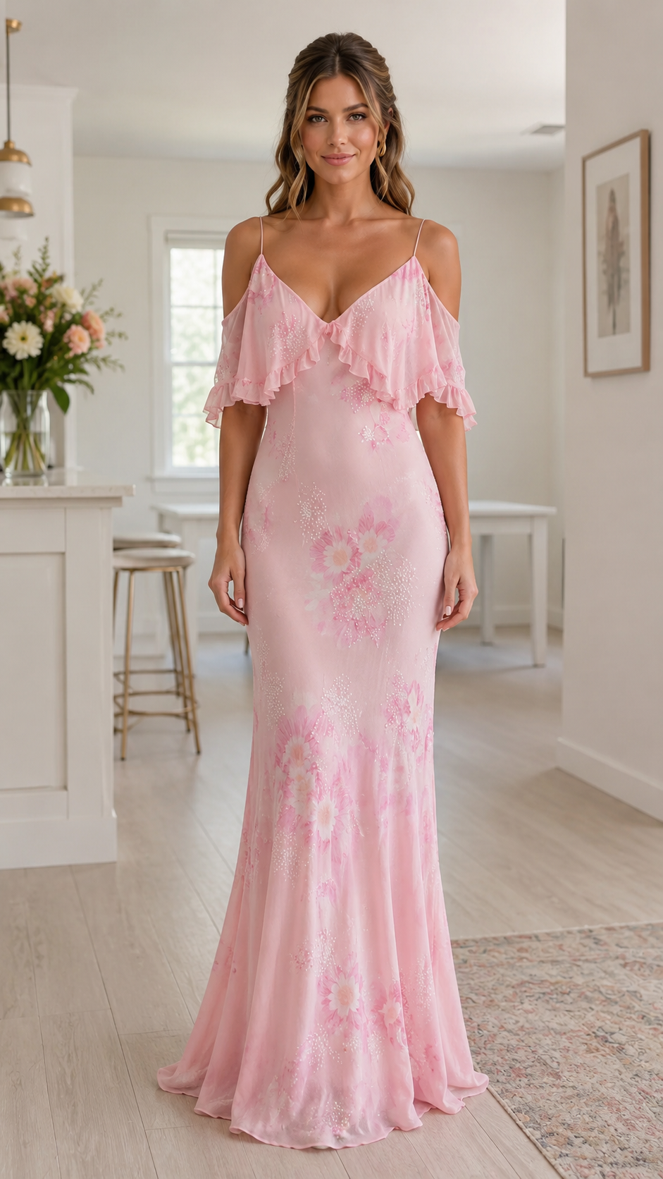 Front view of blush pink cold shoulder ruffle floral maxi dress