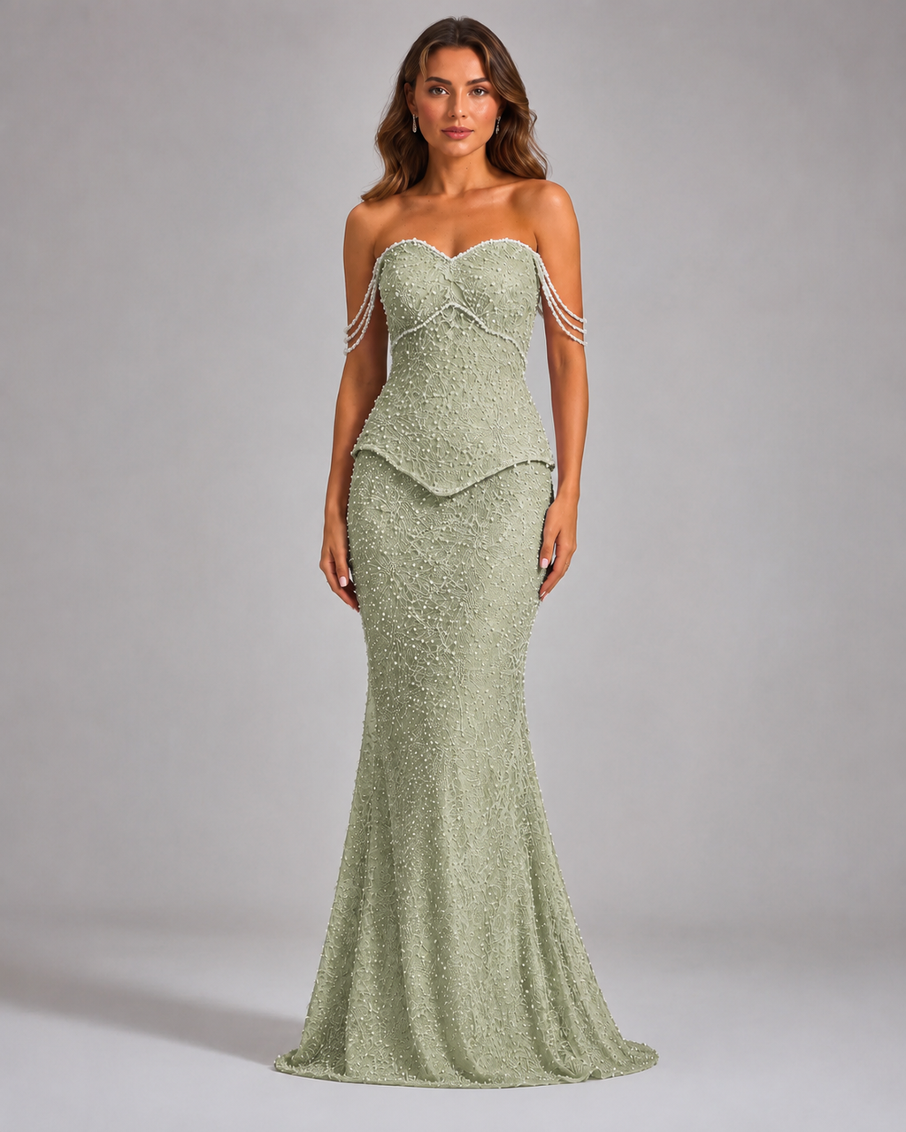 Front view of sage beaded strapless mermaid evening gown with pearl drape sleeves