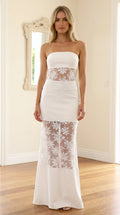 Front view of model wearing white strapless sequin mesh maxi dress