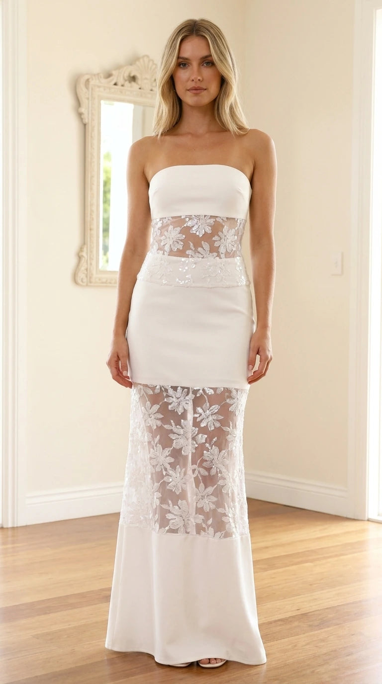 Front view of model wearing white strapless sequin mesh maxi dress