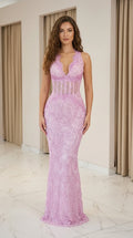 Front view of model wearing the lavender embroidered lace mermaid evening gown