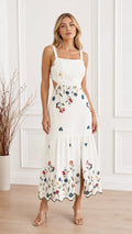 Front view of White Floral Embroidered Cutout Square Neck Maxi Dress