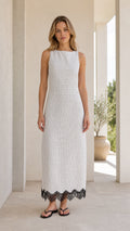 Front view of model wearing white gingham lace-trim midi dress