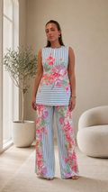 Women's sky blue striped sleeveless floral tunic top with matching wide-leg pants front view