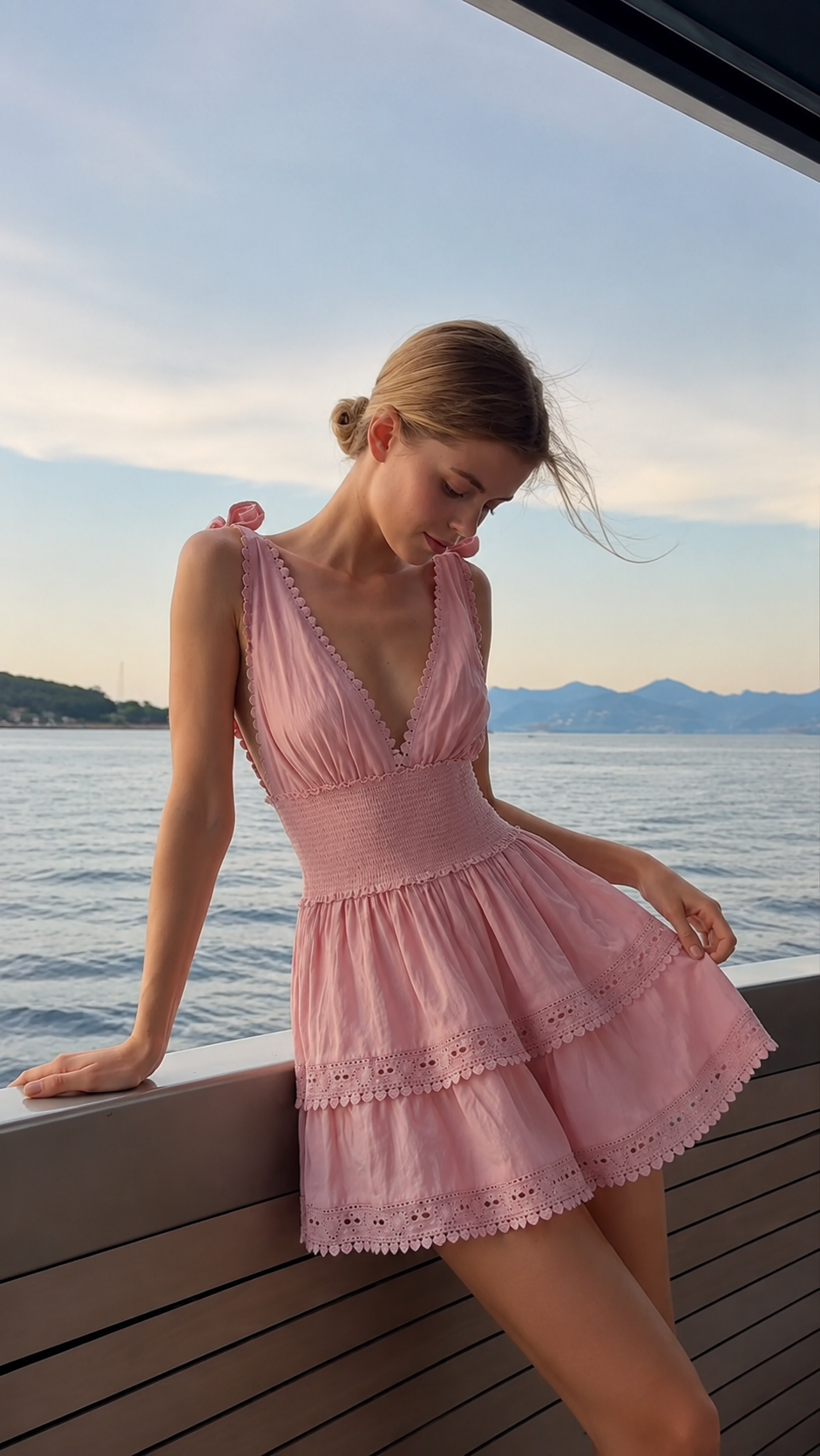 Blush pink tie-shoulder tiered mini dress with smocked waist and deep V neckline by the water