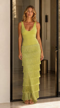 Front view of lime tiered fringe maxi dress