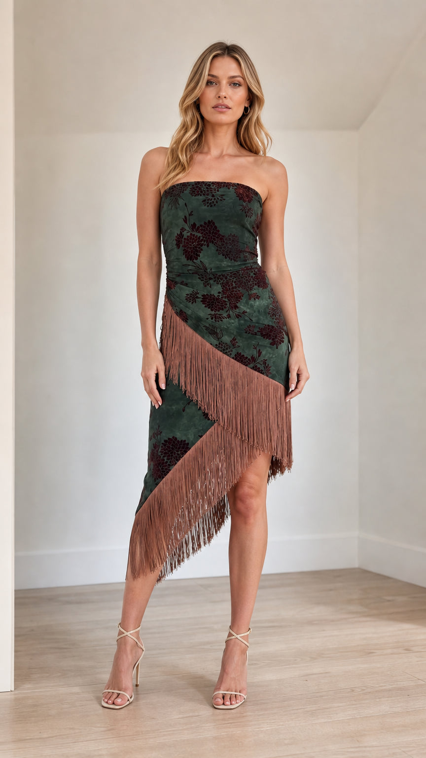 Front view of green strapless floral velvet midi dress with fringe
