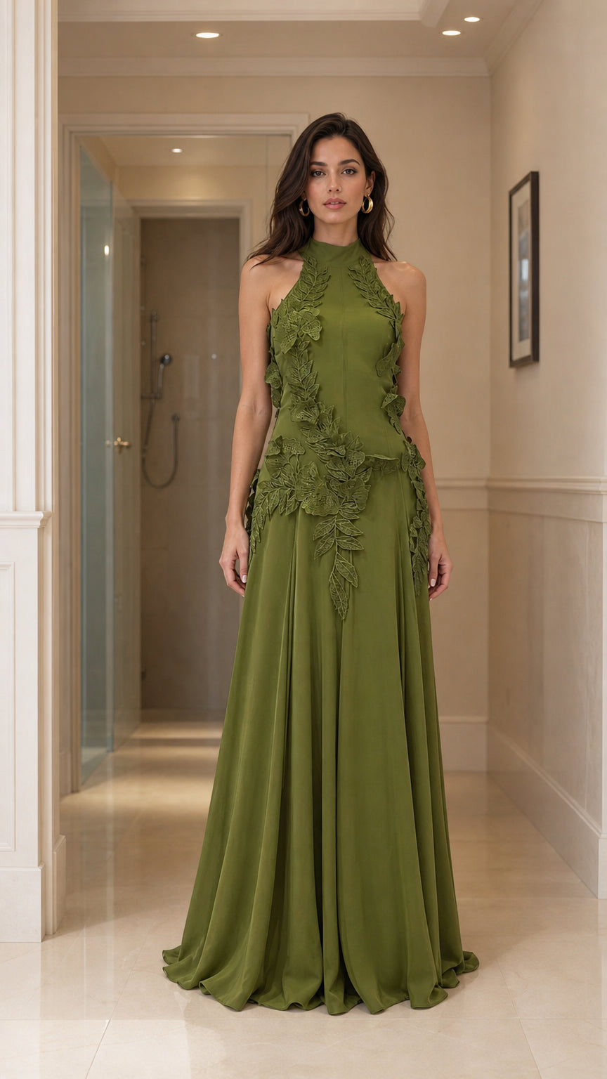 Front view of olive green halter neck maxi dress with 3D leaf appliques