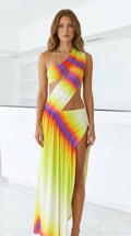 Front view of model wearing vibrant yellow gradient one-shoulder cutout maxi dress