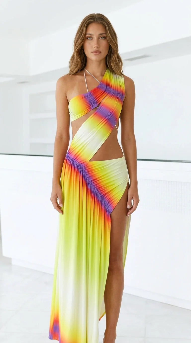 Front view of model wearing vibrant yellow gradient one-shoulder cutout maxi dress