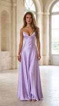 Front view of model wearing lavender satin V-neck maxi dress