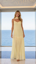 Front view of yellow choker maxi dress