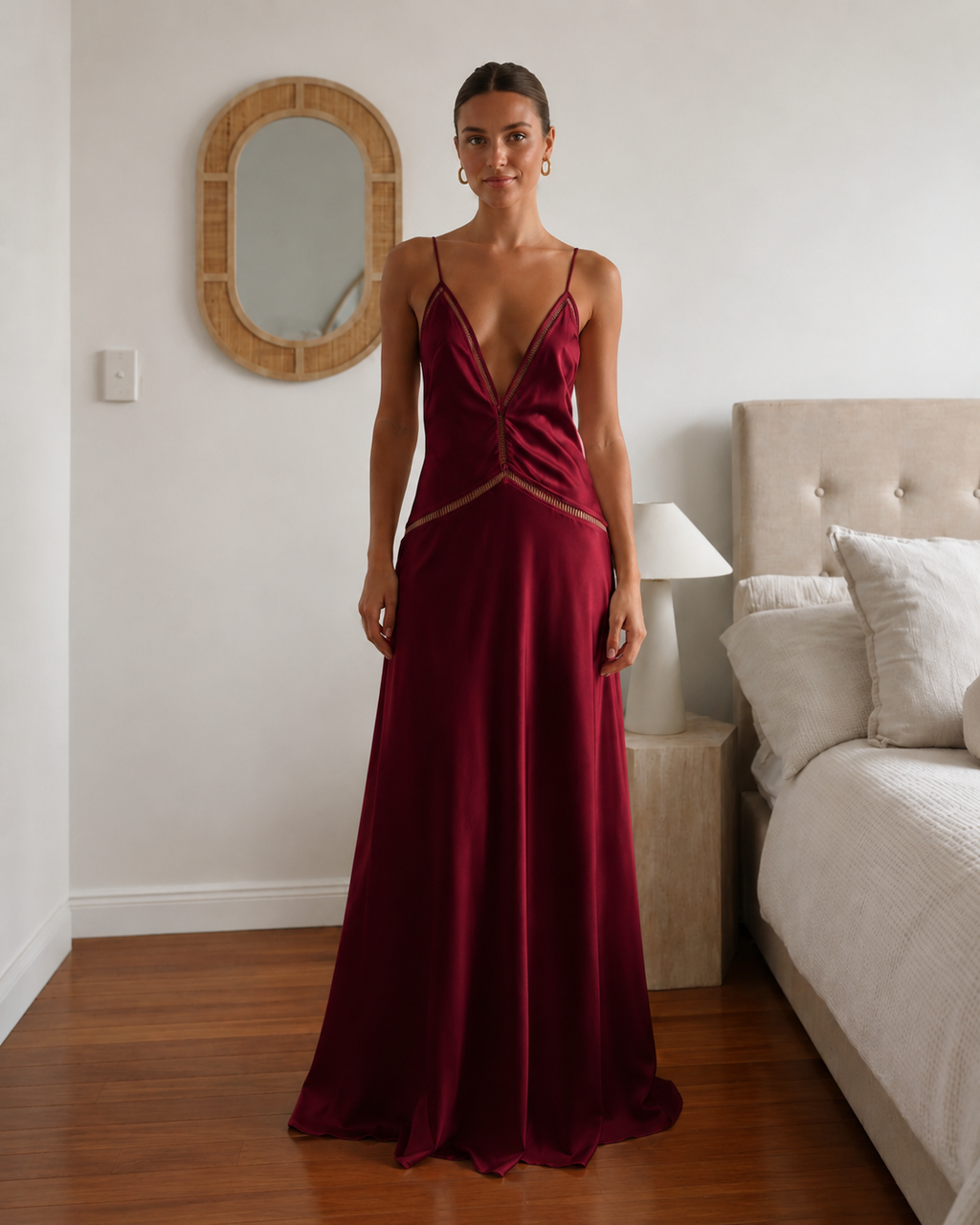 Burgundy satin-style plunge cami maxi dress front view