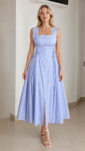 Front view of model wearing light blue square neck midi dress