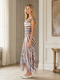Side view of multicolor striped off-shoulder handkerchief hem dress