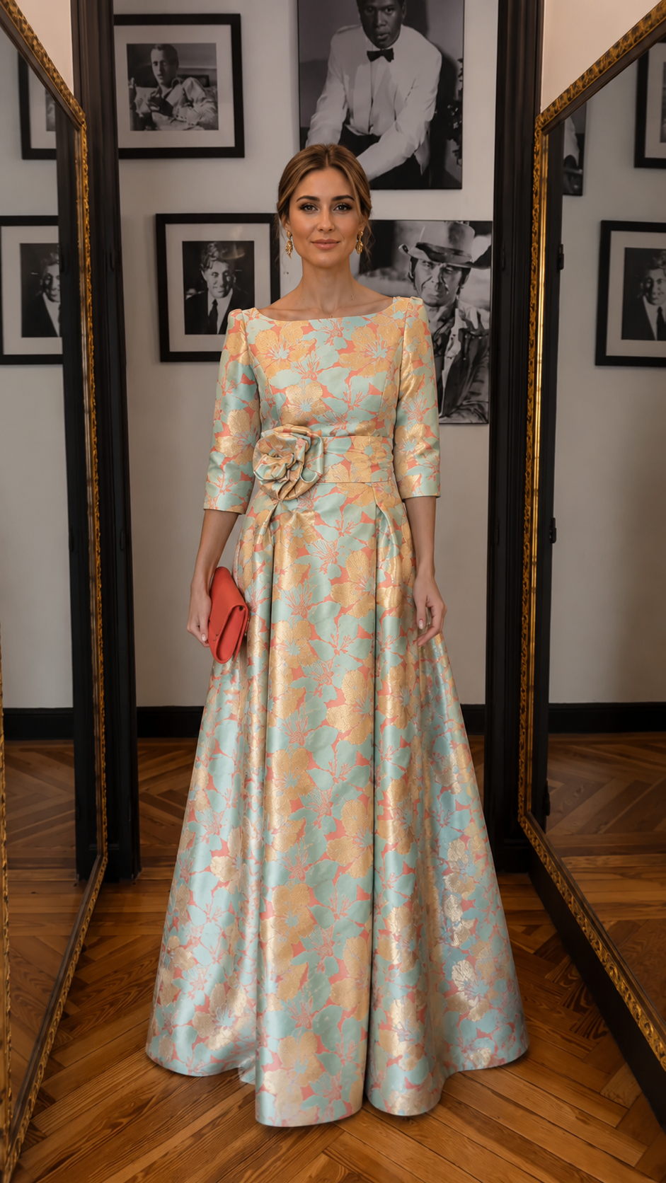 Front view of aqua and peach floral jacquard floor-length evening gown with boat neckline and waist rosette