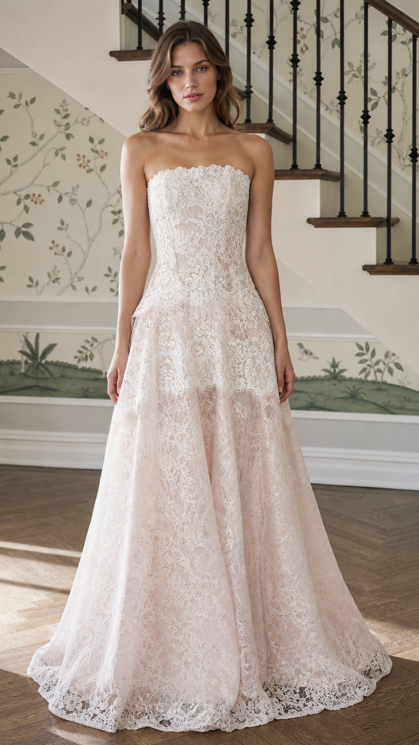 Front view of champagne strapless lace evening gown