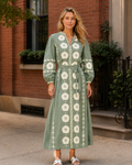 Sage green embroidered tie-waist midi dress with long sleeves front view