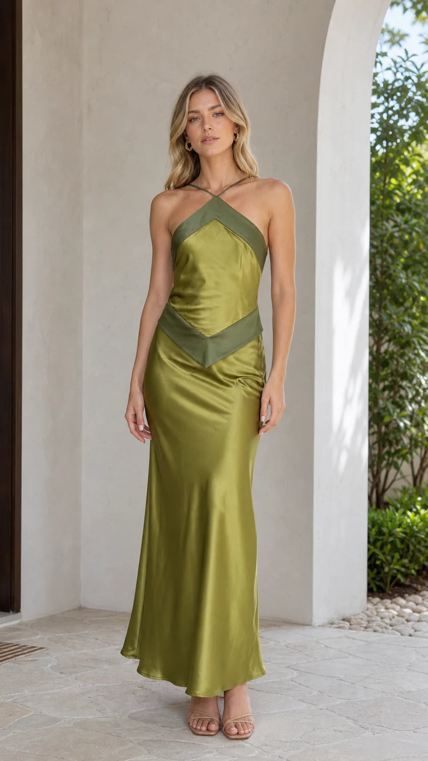 Front view of olive satin halter maxi dress