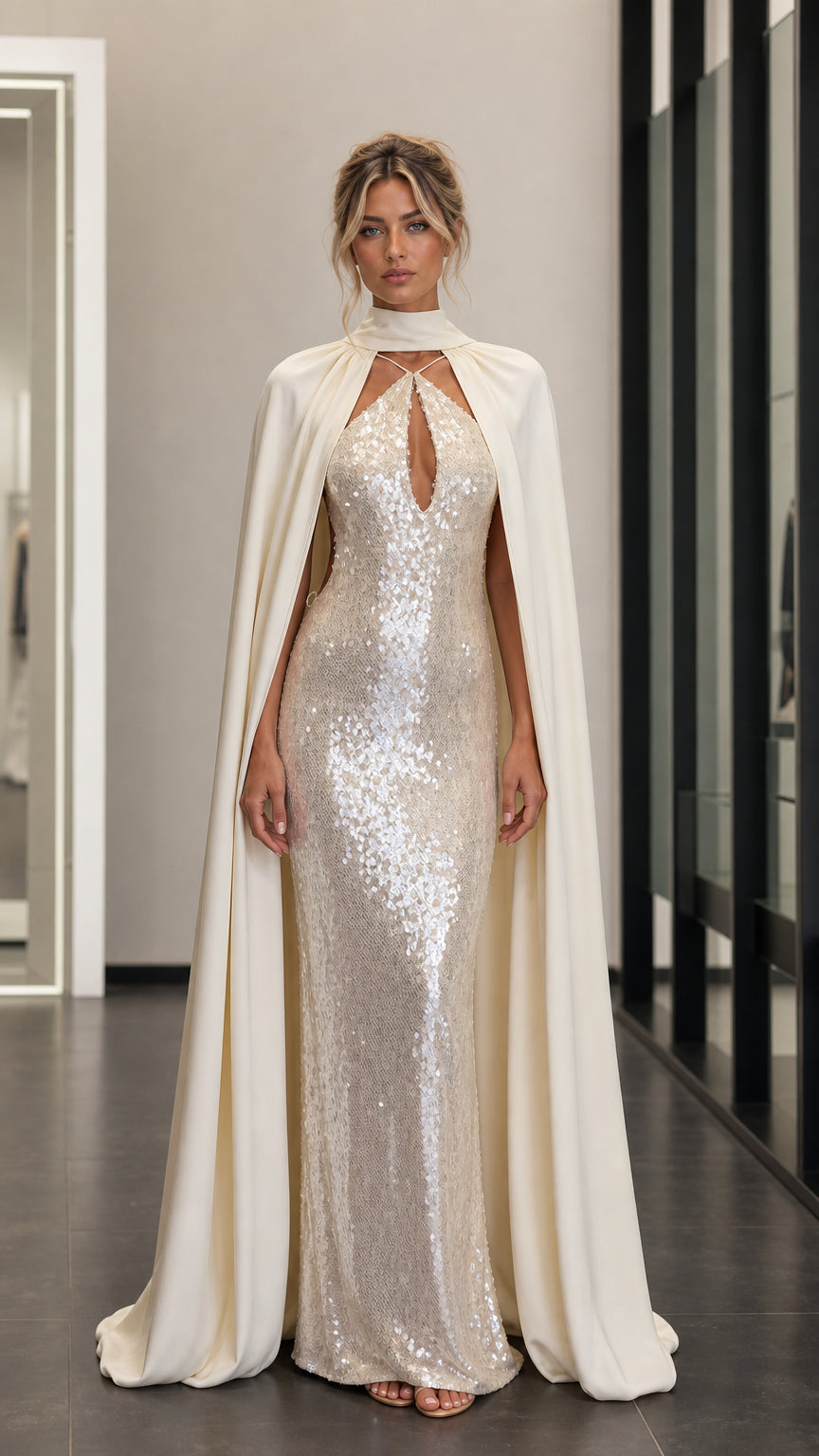Front view of model wearing champagne sequin evening dress with attached cape